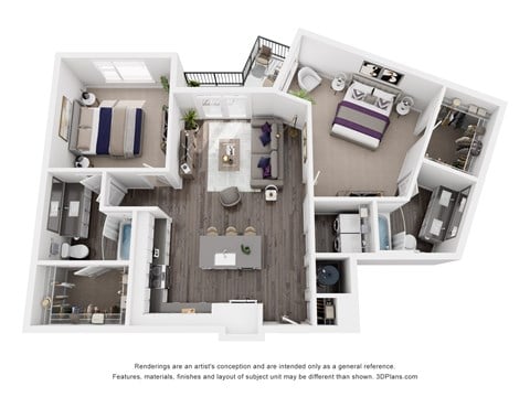 Floor plan for 2 beds, 2 baths, 1161 sqft
